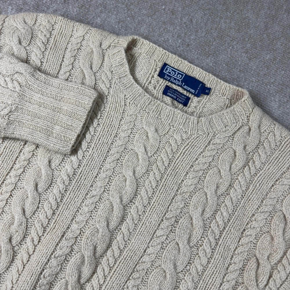 VTG Polo Ralph Lauren Fisherman Hand Knit Camel Hair Lambswool Long Sleeve XL